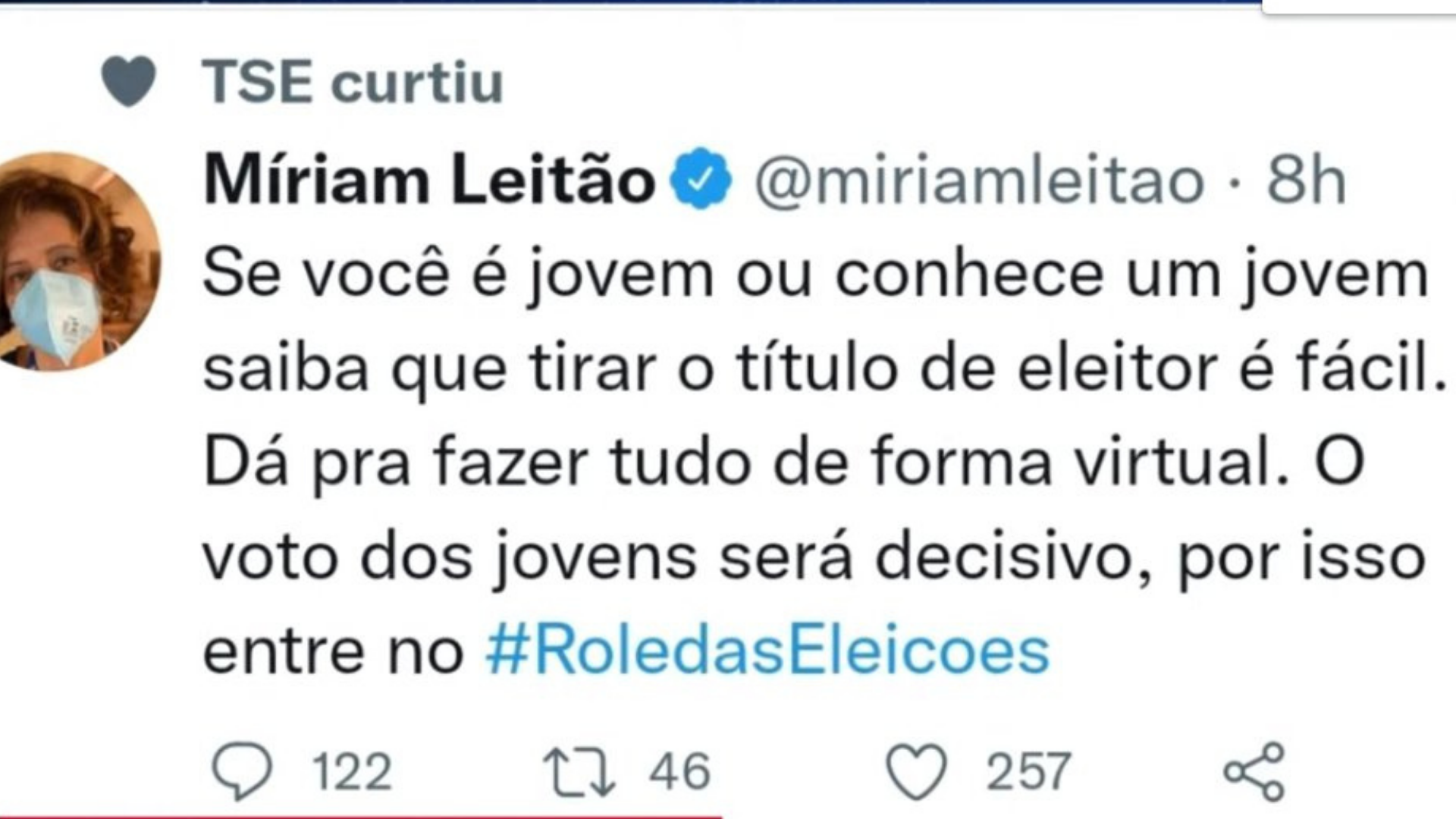 Postagem da jornalista Miriam Leitão convocando os jovens a tirar o título eleitoral. Foto: Reprodução / Twitter