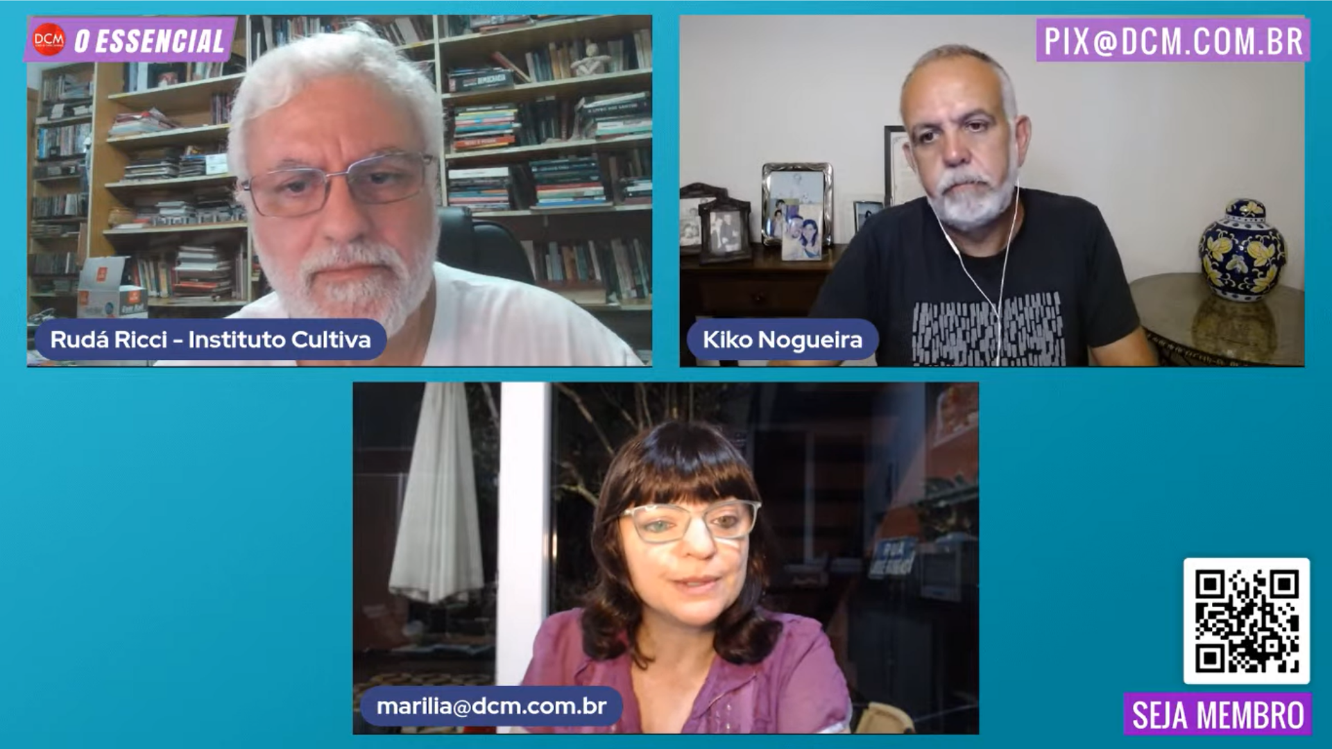 DCM TV: Globo chuta Moro e contrata Zelensky para a 3ª via. Foto de Rudá Rici, Marilia Beznos e Kiko Nogueira na live do YouTube.