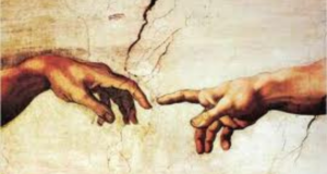 Precisamos falar sobre religião. Foto da pintura de Adão, duas mãos se encontrando.