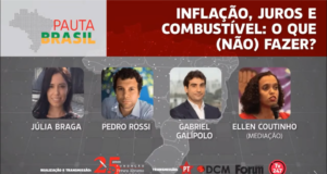 Inflação, juros e combustível: O que (não) fazer?. Print da tela do banner do Pauta Brasil, nos tons cinza e vermelho, com a foto dos participantes em quadrados no centro da tela.