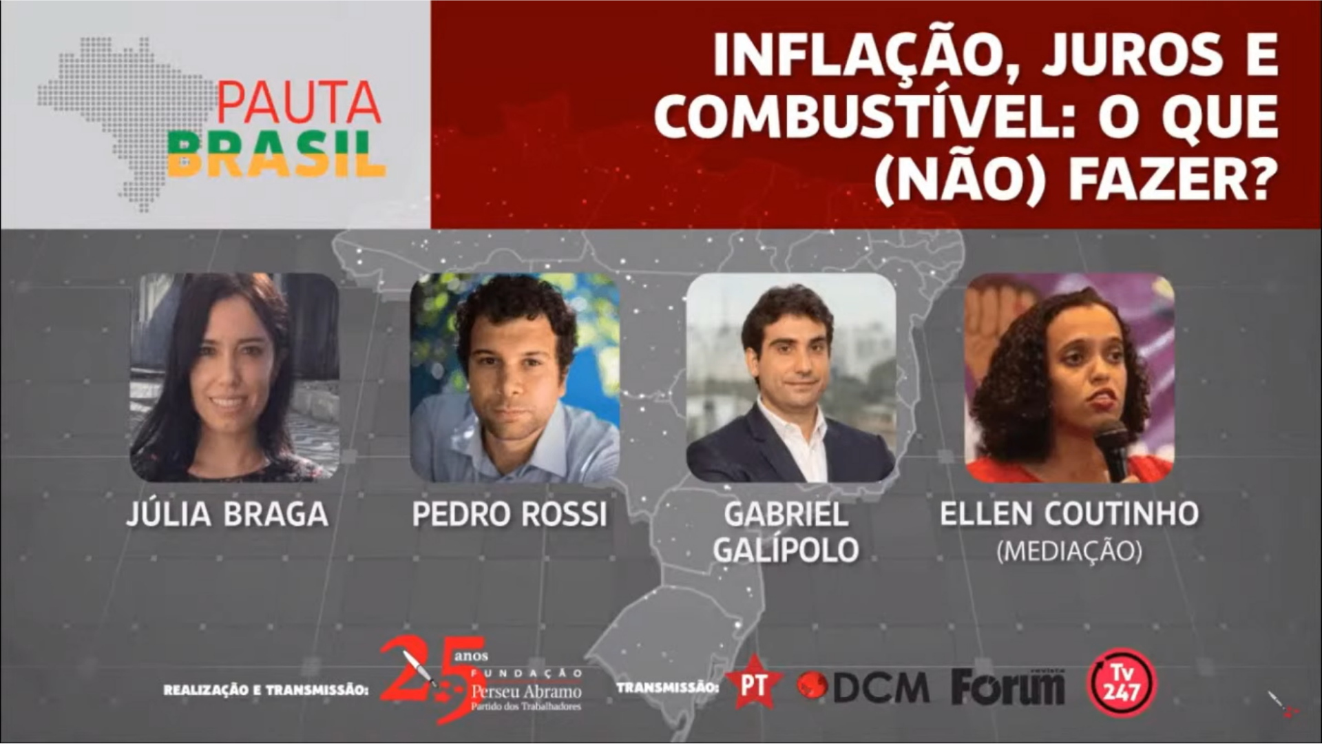 Inflação, juros e combustível: O que (não) fazer?. Print da tela do banner do Pauta Brasil, nos tons cinza e vermelho, com a foto dos participantes em quadrados no centro da tela.