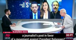 Bolsonaristas da Jovem Pan detonam TSE por convocar jovens a votar. Fotos dos apresentadores em uma mesa redonda, conversando com os correpondentes por videoconferência.