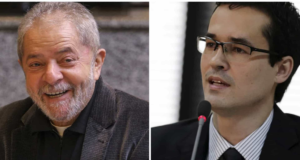 Lula ironiza Dallagnol e posta PowerPoint provando inocência. Montagem de foto, à esquerda, foto do ex-presidente sorrindo, já à direita, Dallagnol tem olhar sério.