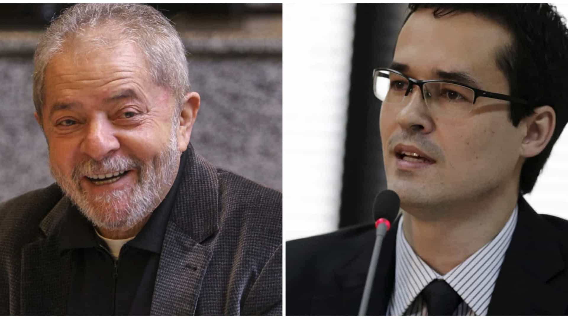 Lula ironiza Dallagnol e posta PowerPoint provando inocência. Montagem de foto, à esquerda, foto do ex-presidente sorrindo, já à direita, Dallagnol tem olhar sério.