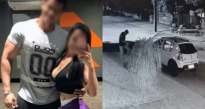 A mulher que traiu o personal tinha de ser internada? Mestra em psicologia social responde. Montagem, foto do casal à esquerda com os rostos borrados e, à direita, câmera de segurança que mostra o momento em que o personal agride o morador de rua.