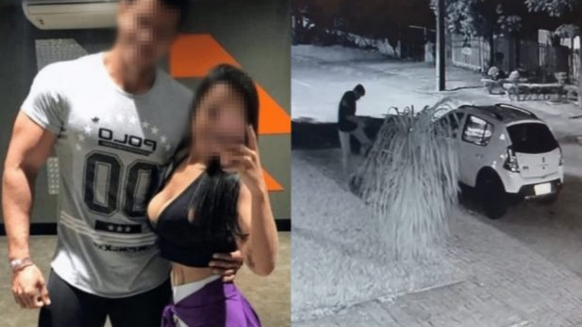 A mulher que traiu o personal tinha de ser internada? Mestra em psicologia social responde. Montagem, foto do casal à esquerda com os rostos borrados e, à direita, câmera de segurança que mostra o momento em que o personal agride o morador de rua.