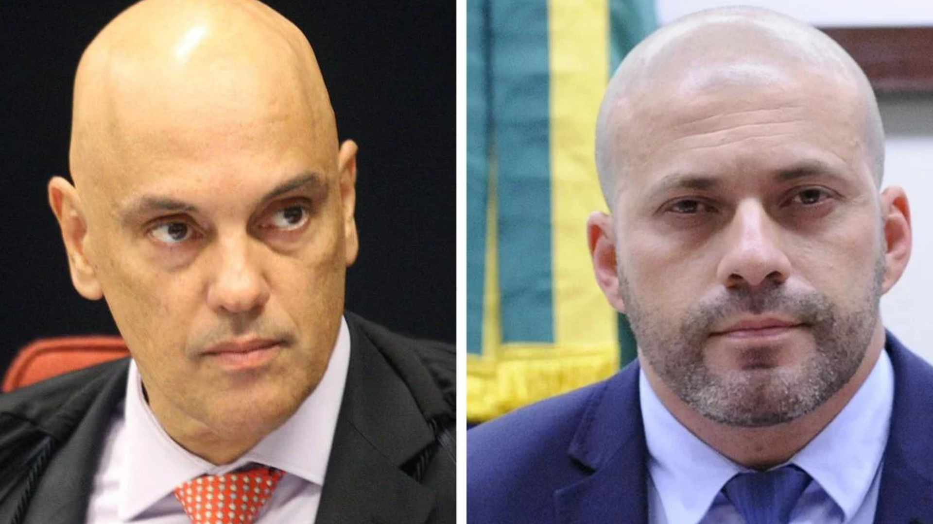 Montagem. foto do ministro Alexandre de Moraes, à esquerda, e do deputado Daniel Silveira, à direita.