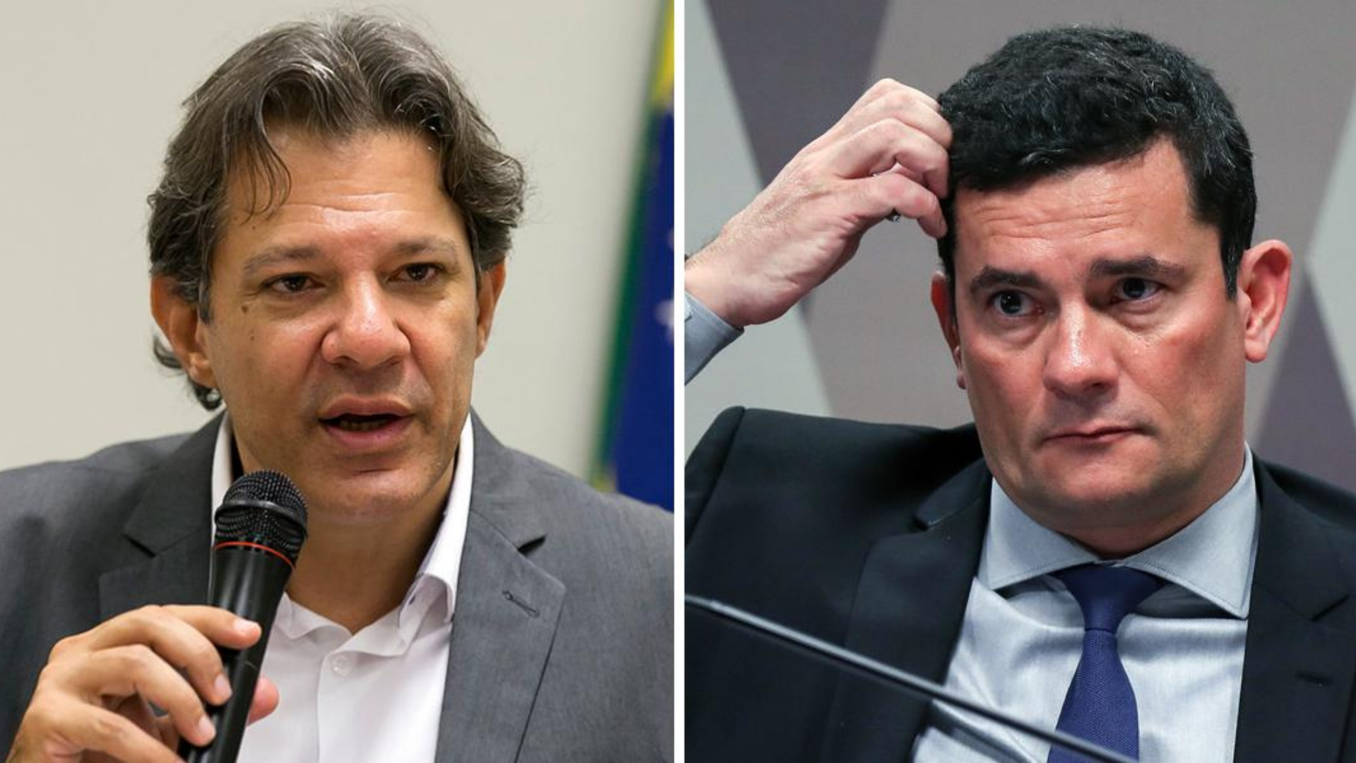 Haddad ironiza Moro após áudio vazado de Mamãe Falei. Montagem de foto. À esquerda, Haddad usa terno cinza e camisa branca, à direira, Moro usa terno preto e gravata azul. ele tem uma expressão de preocupação.