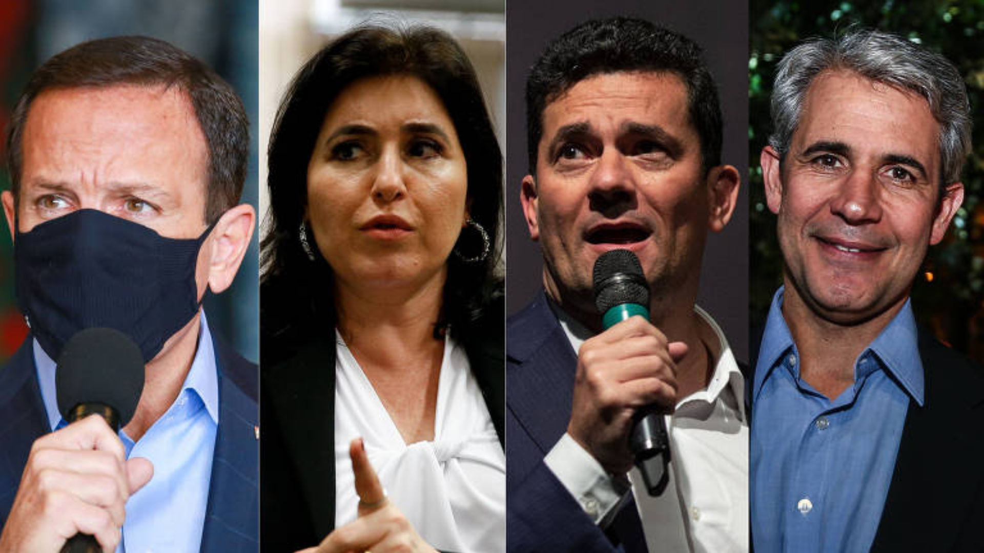: Moro, Doria, Tebet e d'Ávila fazem manifesto favorável à Ucrânia. Foto dos quatro presidenciáveis juntos em uma montagem. Doria usa máscara e fala ao microfone, Simone Tebet usa vestido preto, cabelos lisos cursos e soltos, além de um brinco em formato circular. Moro usa terno preto e fala ao microfone, enquanto d'Ávila está sorrindo com terno preto e cabelos grisalhos.