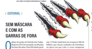 Igreja Universal usa jornal para associar Lula a inferno e a totalitarismo. Foto de um editorial onde está escrito "sem máscara e com as garras de fora".