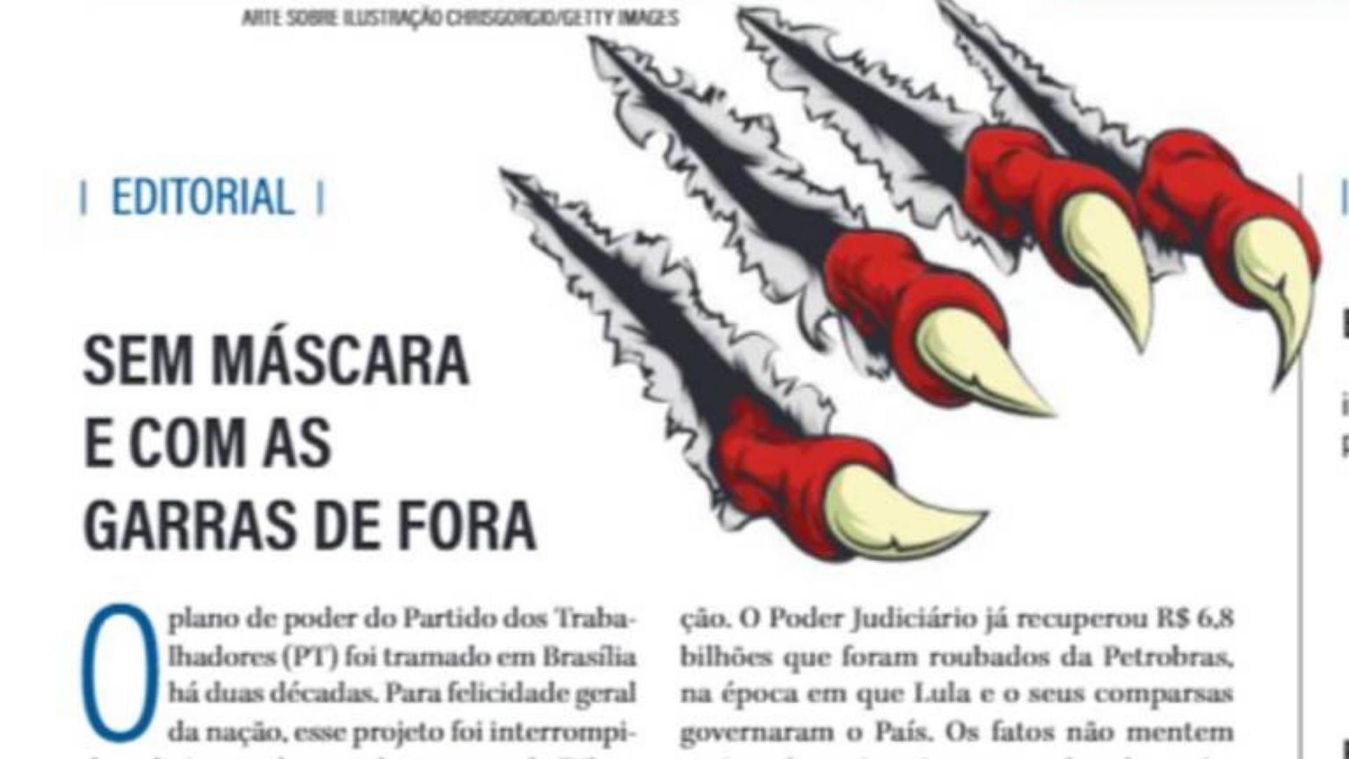 Igreja Universal usa jornal para associar Lula a inferno e a totalitarismo. Foto de um editorial onde está escrito "sem máscara e com as garras de fora".