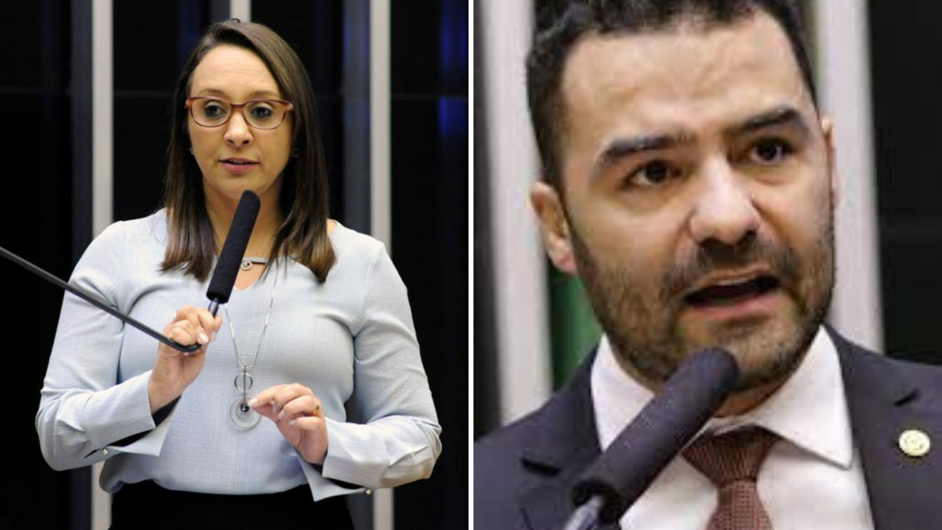 Podemos abre processo contra Arthur do Val após áudios machistas. à esquerda, Renata Abreu, presidente do partido, no plenário da Câmara falando ao microfone. à direita, Arthur do Val, usando terno preto e expressão séria