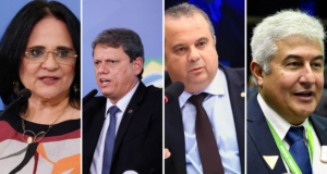 Ministros usam tempo de propaganda na TV para fazer campanha política. Fotos de Damares, Marcos Pontes, Tarcísio Freitas, Rogério Marinho e Marcos Pontes