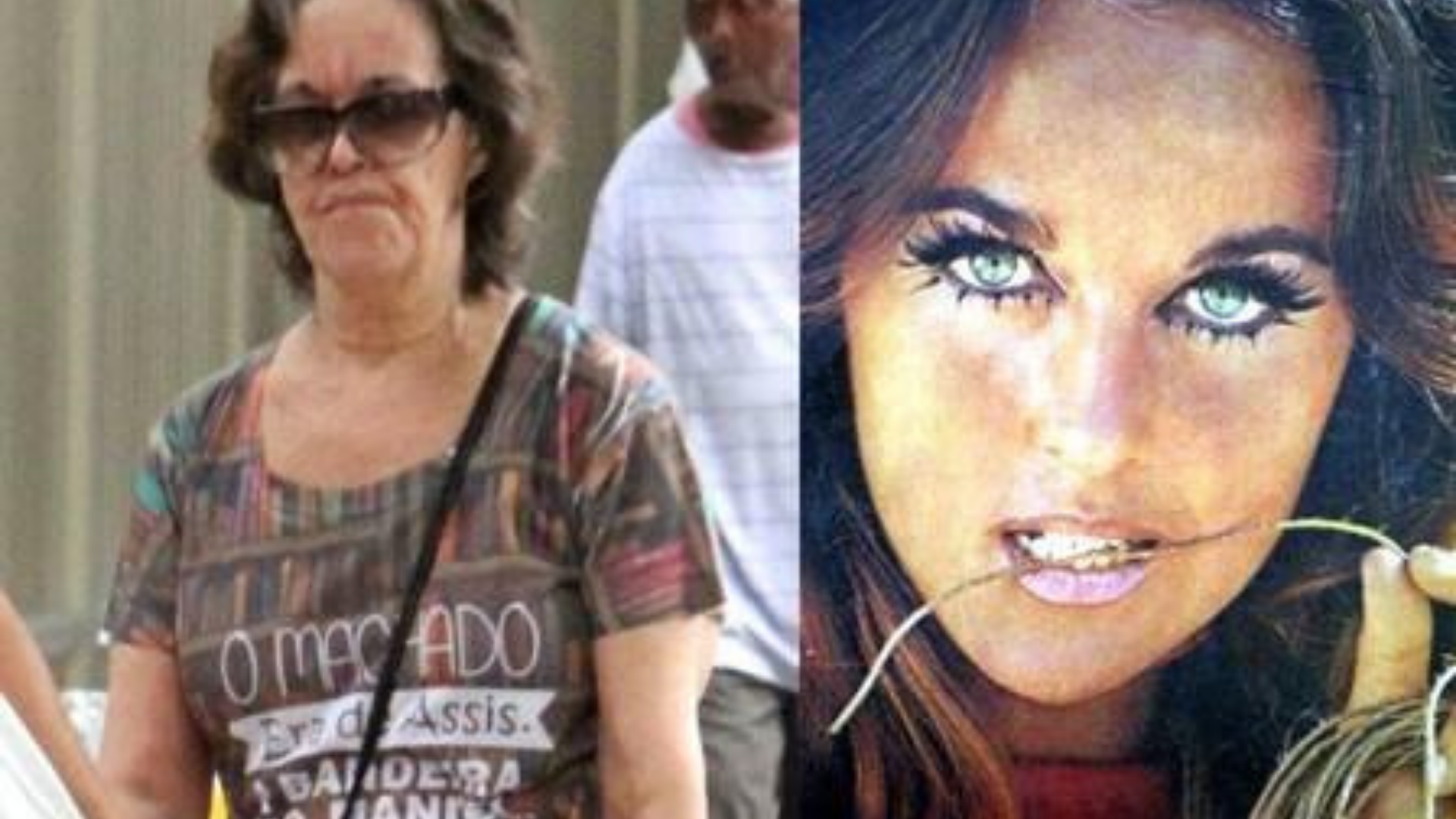 Djanane Machado, da 'Grande Família', morre aos 70 anos. foto da atriz flagrada na rua, usando óculos de sol, e outra quando jovem, com cabelos lisos e pele límpida.