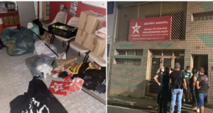 Invasores atacam sede do PT em Campinas. Montagem mostra sala revirada à esquerda e militantes do lado de fora à direita.