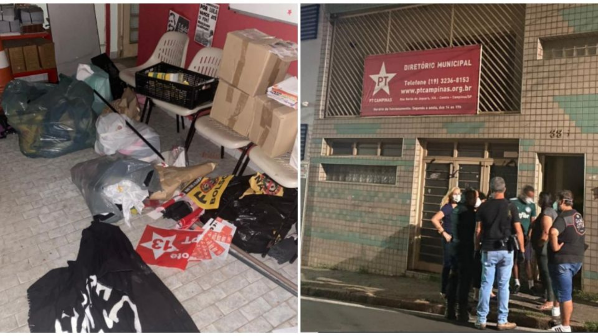 Invasores atacam sede do PT em Campinas. Montagem mostra sala revirada à esquerda e militantes do lado de fora à direita.