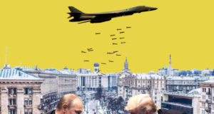 Montagem mostra Putin e Trump conversando e, em cima deles, avião faz bombardeio em cidade.