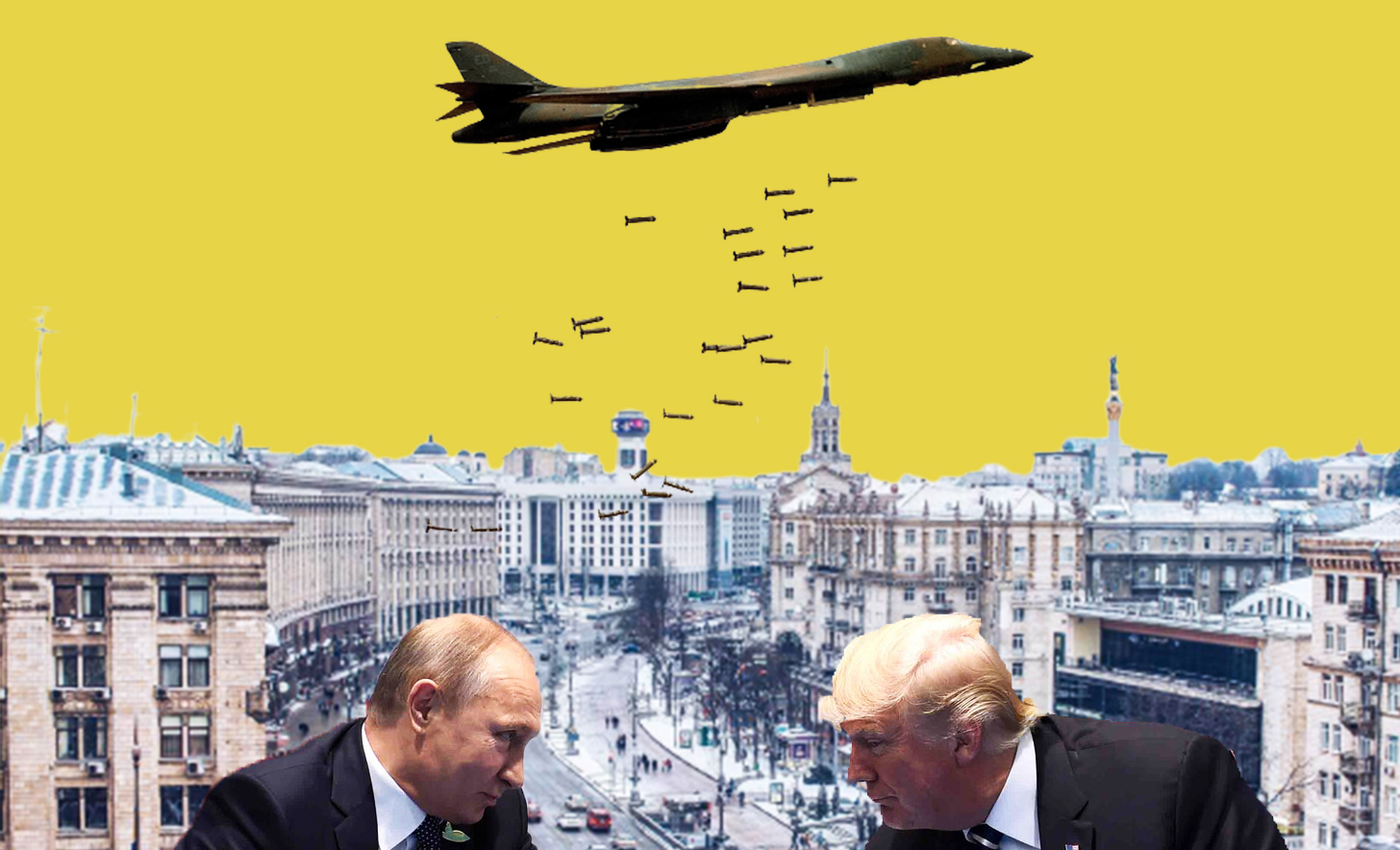 Montagem mostra Putin e Trump conversando e, em cima deles, avião faz bombardeio em cidade.