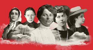 Arte que mostra Nadejda Krupskaia, Rosa Luxemburgo e outras revolucionárias.