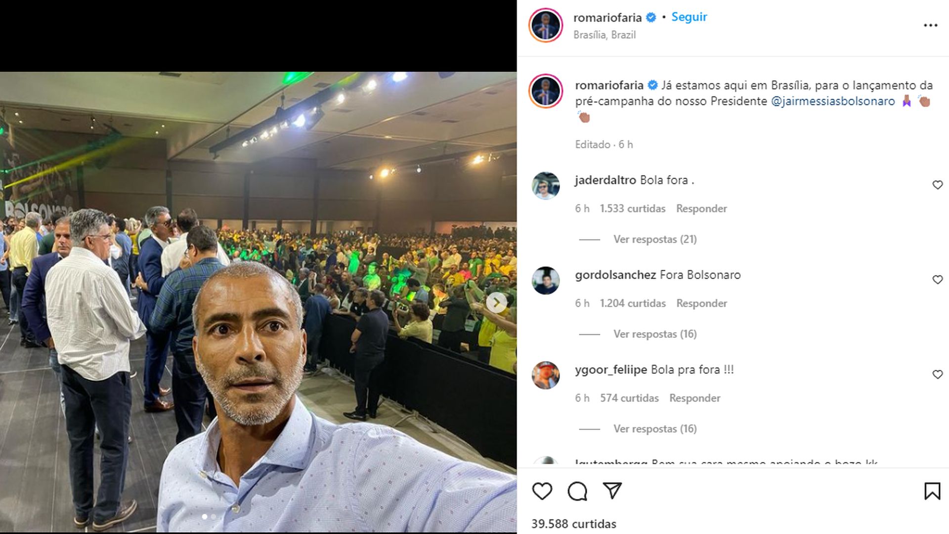 Romário faz campanha antecipada para Bolsonaro
