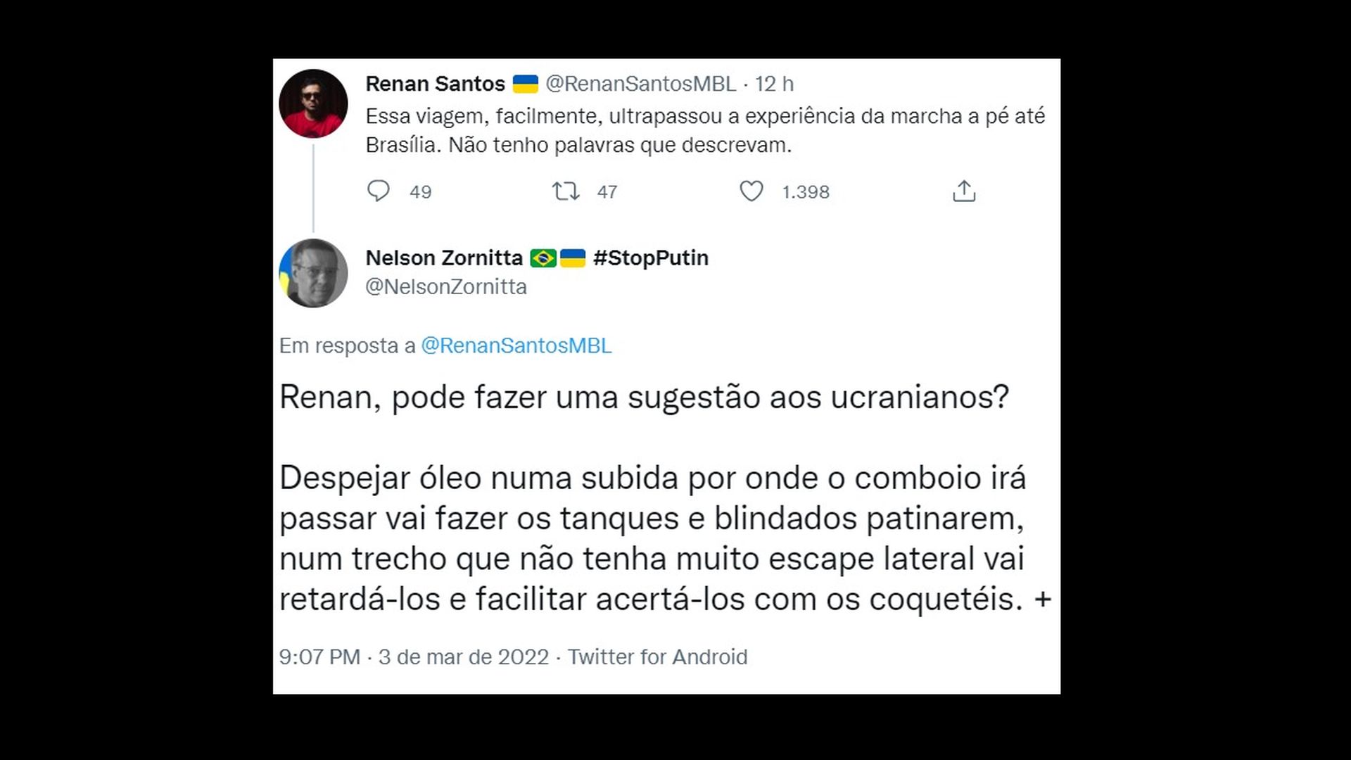 Seguidor do MBL sugere plano infalível com óleo de soja contra tanques russos