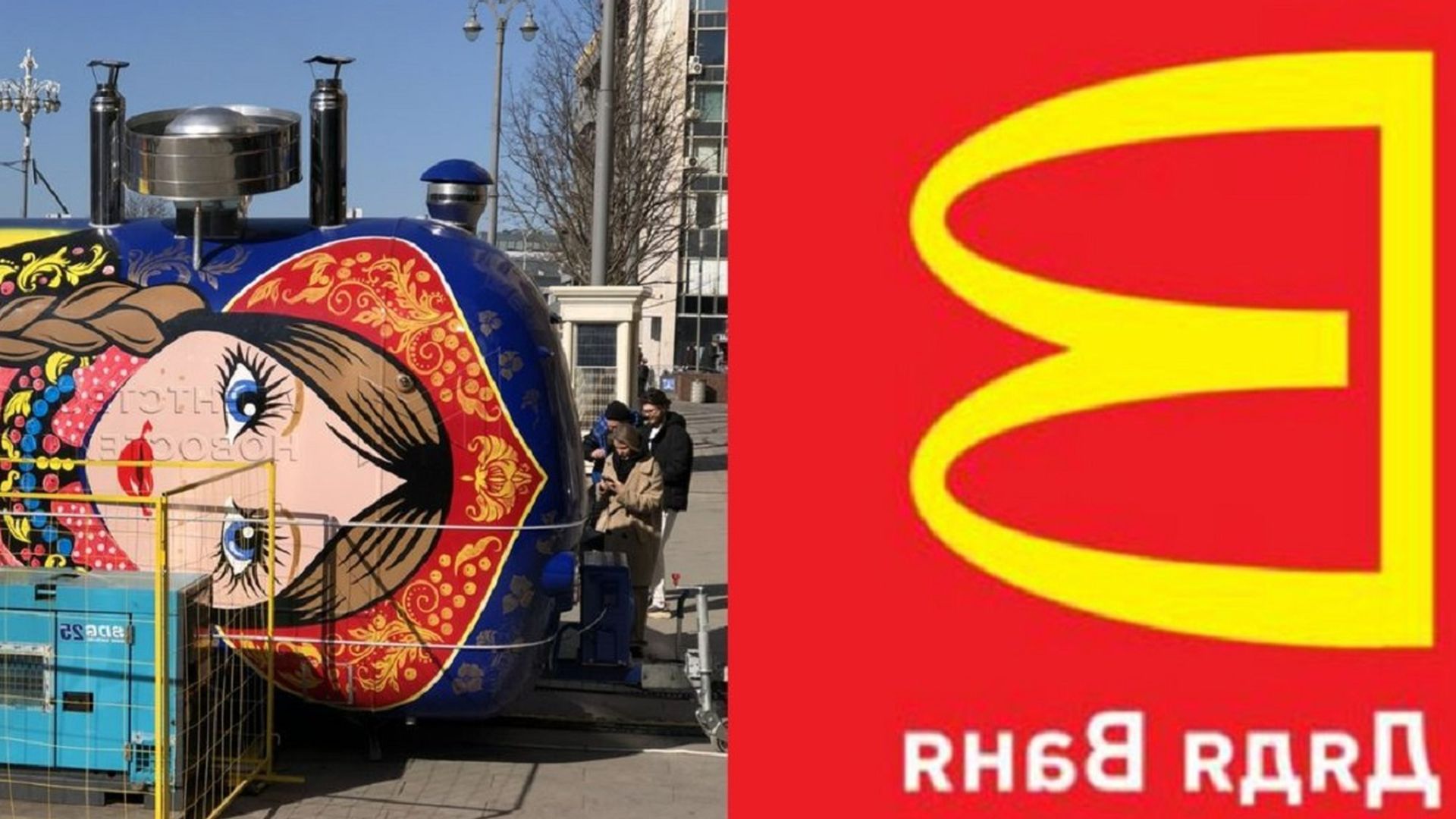 Logotipo proposto para restaurantes Tio Vânia e caminhão de comida em forma de matrioska ao lado de um McDonald's em Moscou