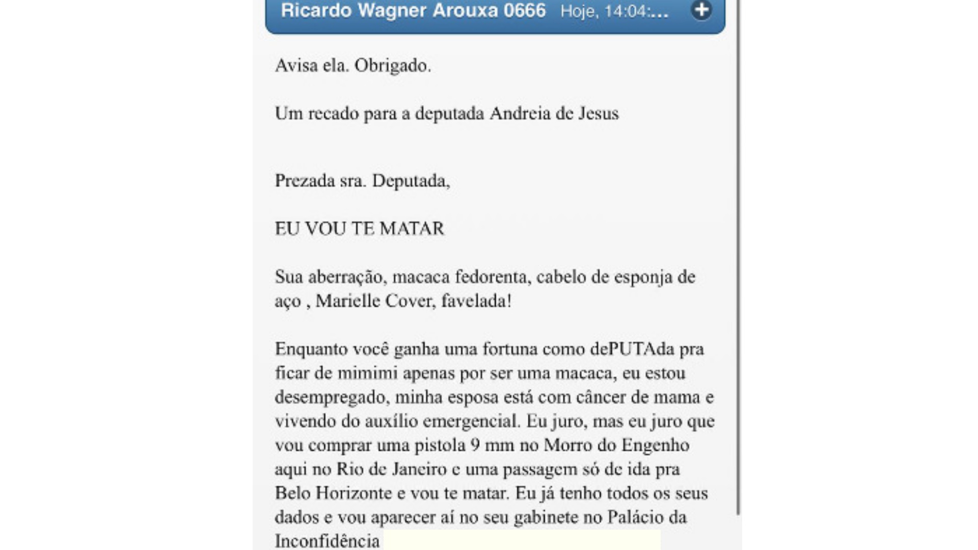 Mensagem recebida pela deputada Andréia de Jesus