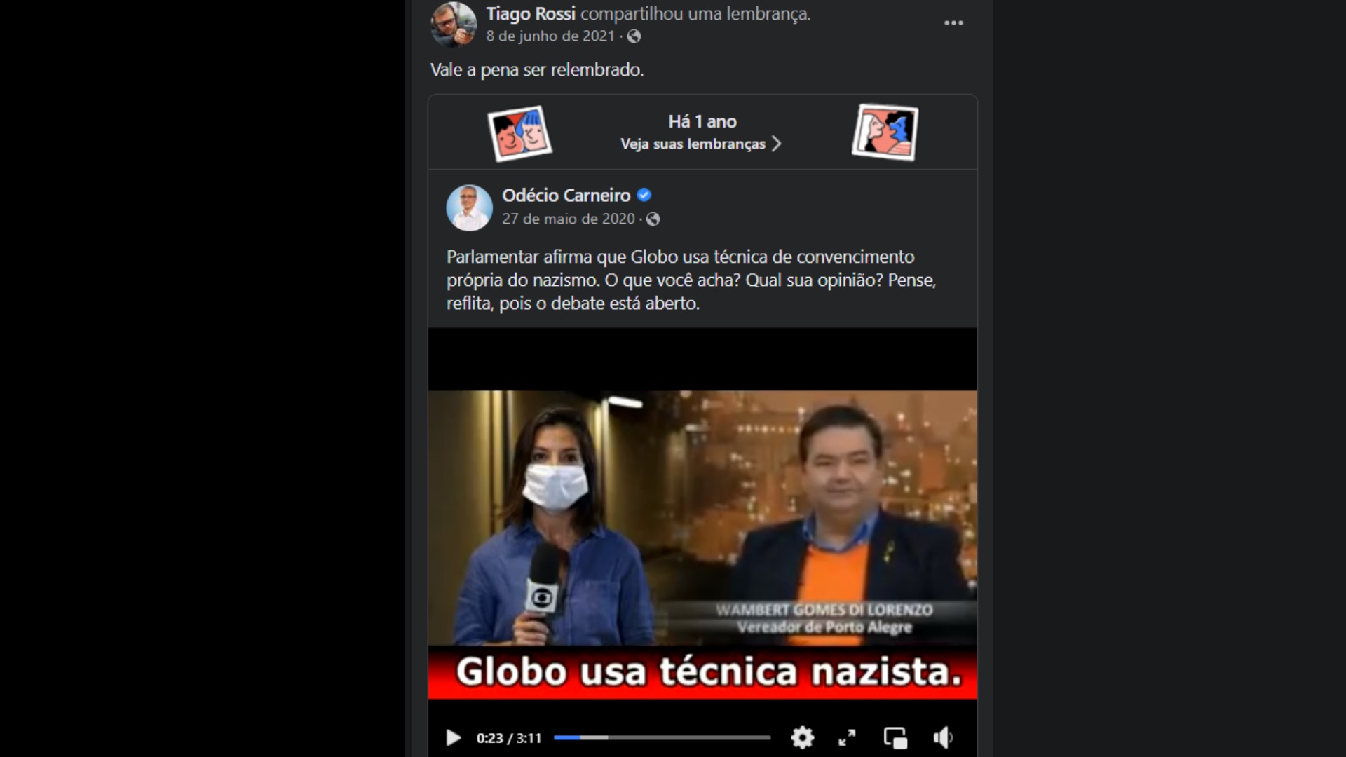 Tiago Rossi no Facebook chama Globo de "nazista"