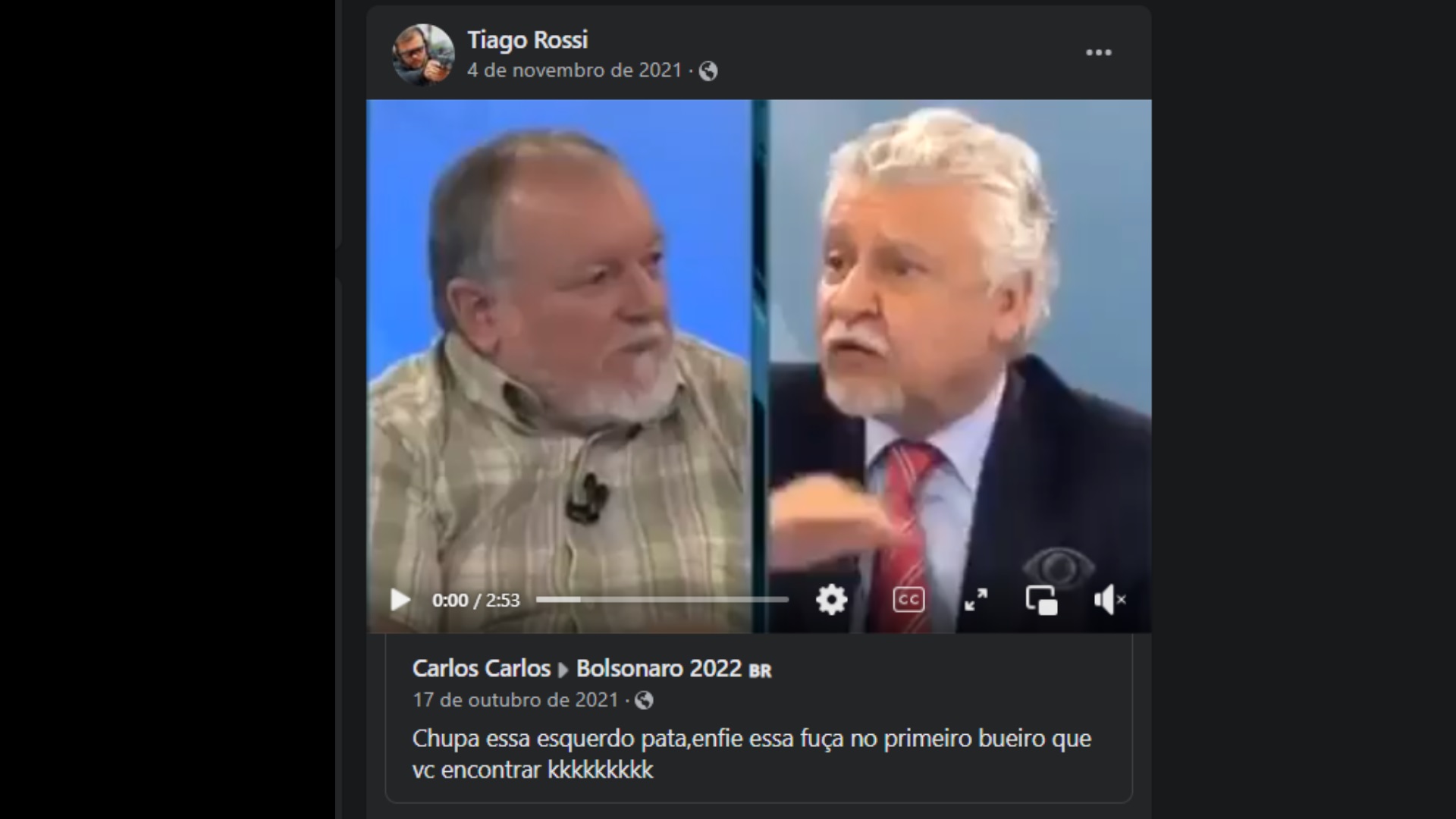 Post no Facebook de Tiago Rossi