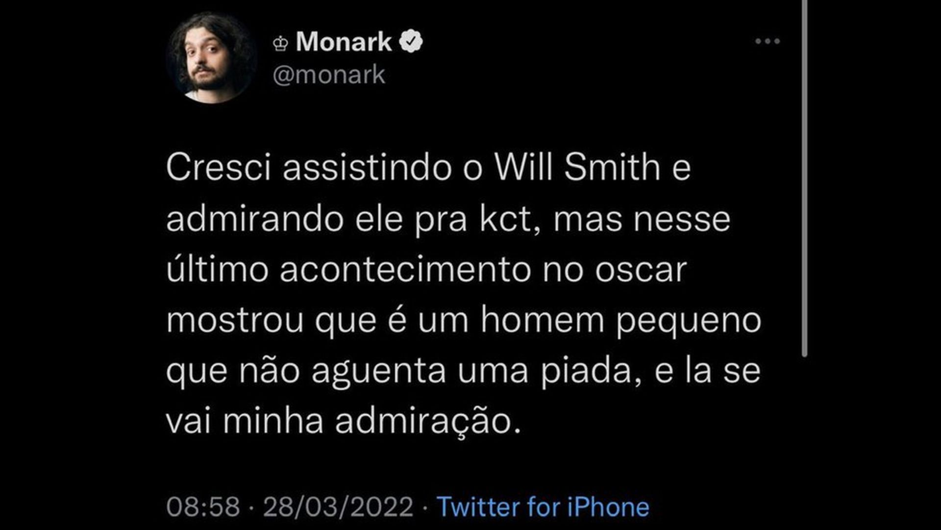 Monark chama Will Smith de "homem pequeno" no Oscar e apaga tuíte