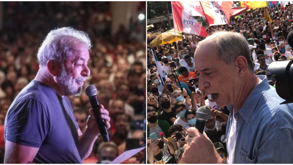 Montagem com Lula e Ciro lado a lado, falando em palanques.