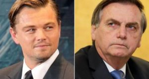 Montagem com foto de DiCaprio, à esquerda, e Bolsonaro, à esquerda.