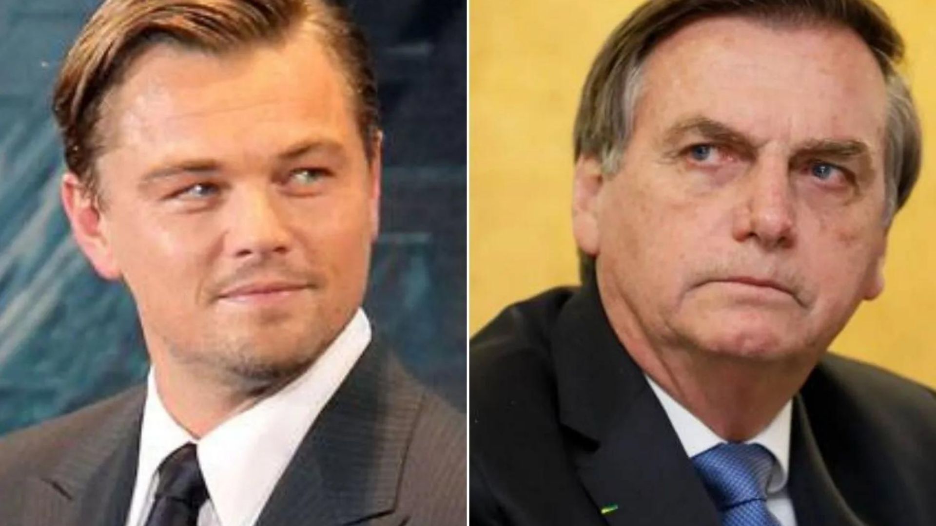 Montagem com foto de DiCaprio, à esquerda, e Bolsonaro, à esquerda.