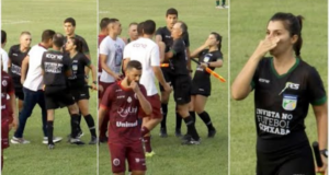 Foto da cena no cmapo de futebol, quando o treinador agrediu a árbitra.