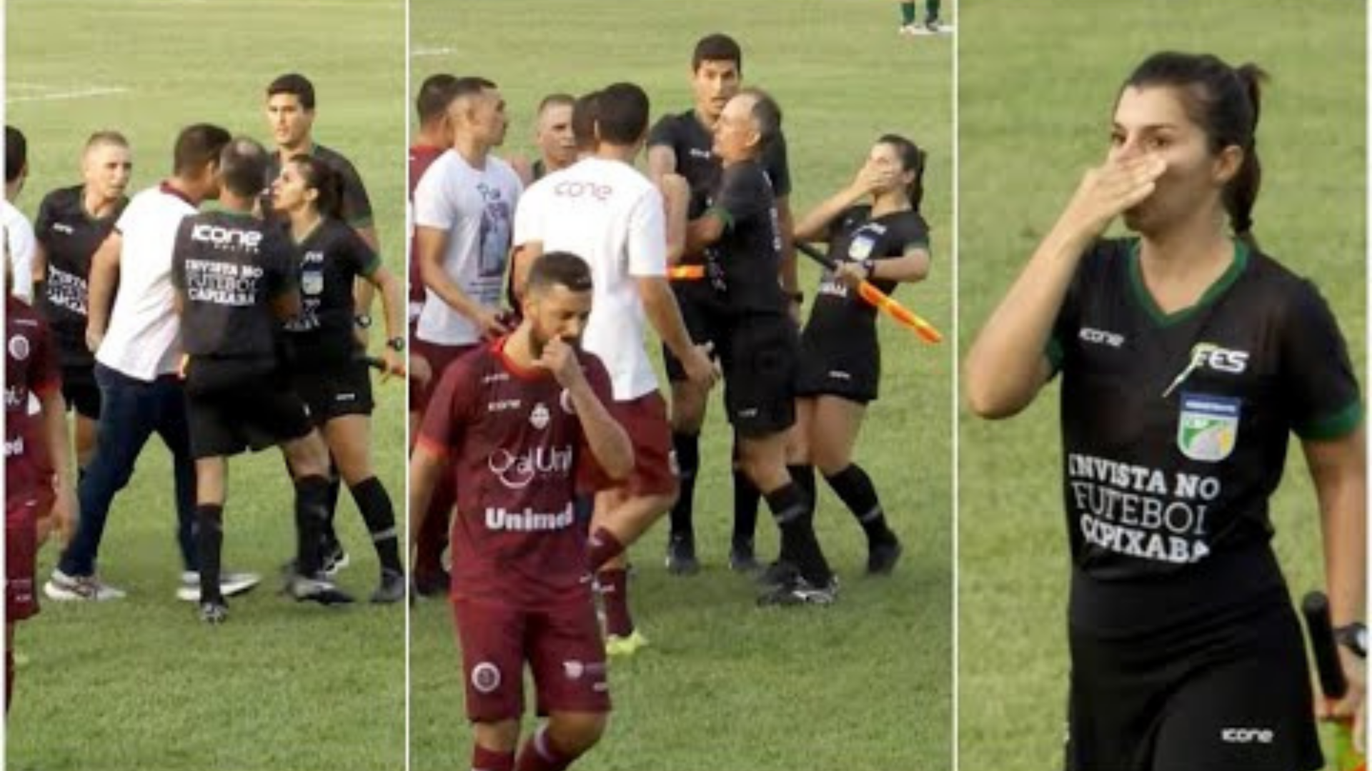Foto da cena no cmapo de futebol, quando o treinador agrediu a árbitra.