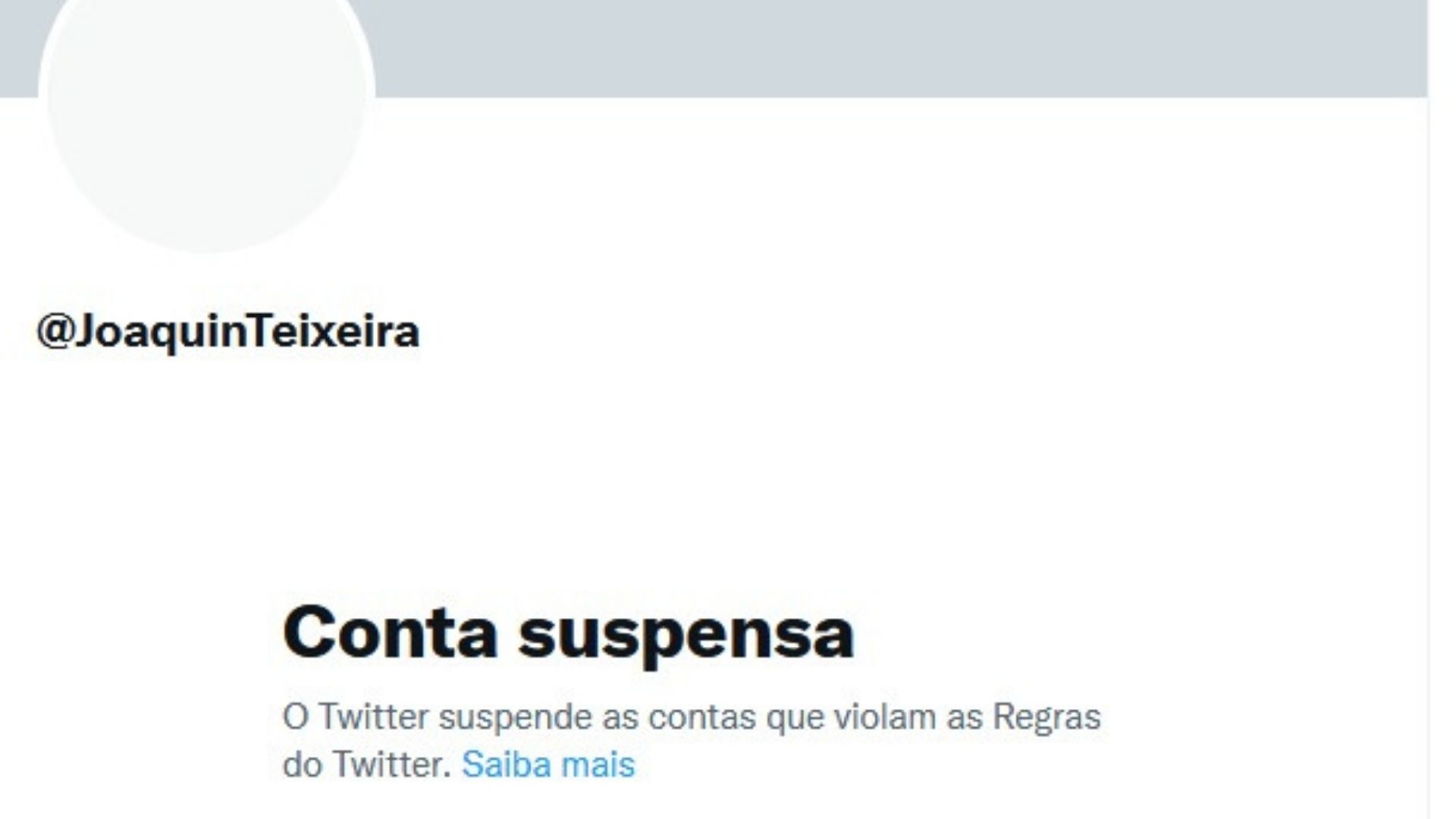 Foto da conta do Twitter de Joaquin Teixeira informando que foi suspensa.