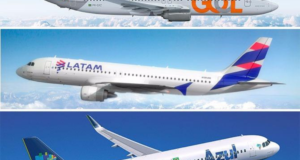 Foto de três aviões com símbolos de Latam, Gol e Azul.