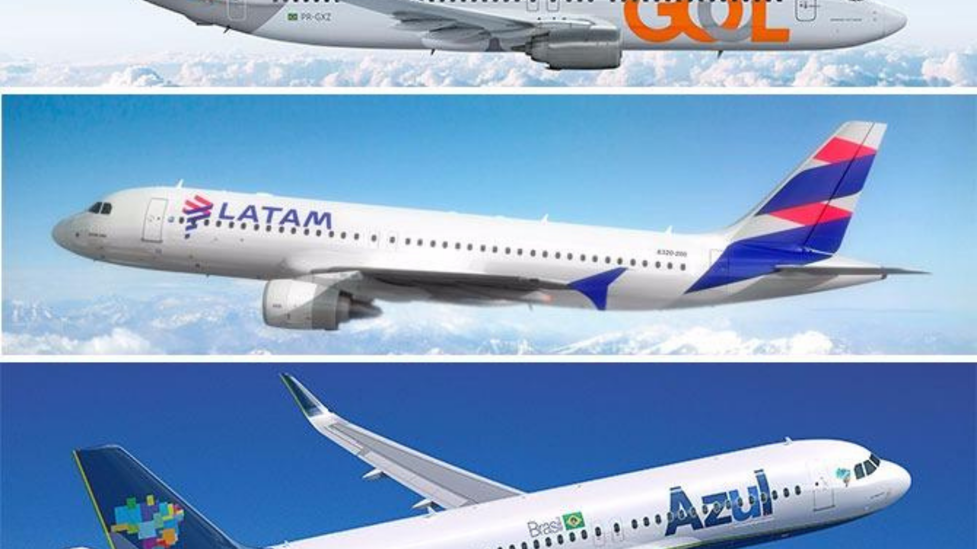 Foto de três aviões com símbolos de Latam, Gol e Azul.