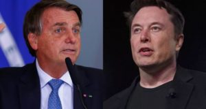 Montadem com foto de Bolsonaro à esuqerda, e Elon Musk, à direita. Os dois têm expressão séria.