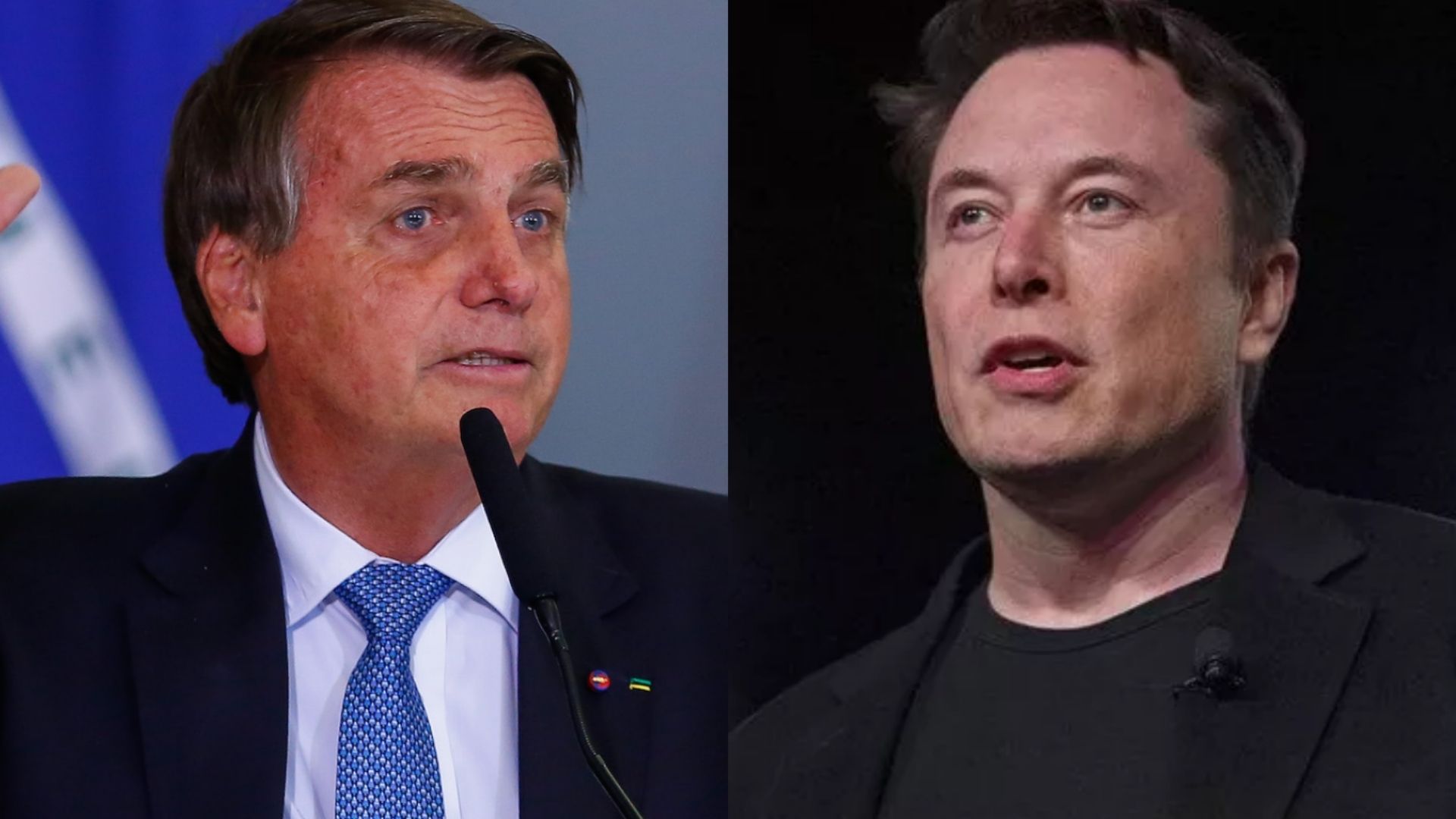 Montadem com foto de Bolsonaro à esuqerda, e Elon Musk, à direita. Os dois têm expressão séria.