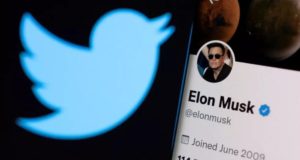 Foto de logo do Twitter ao lado do perfil de Elon Musk na rede social.