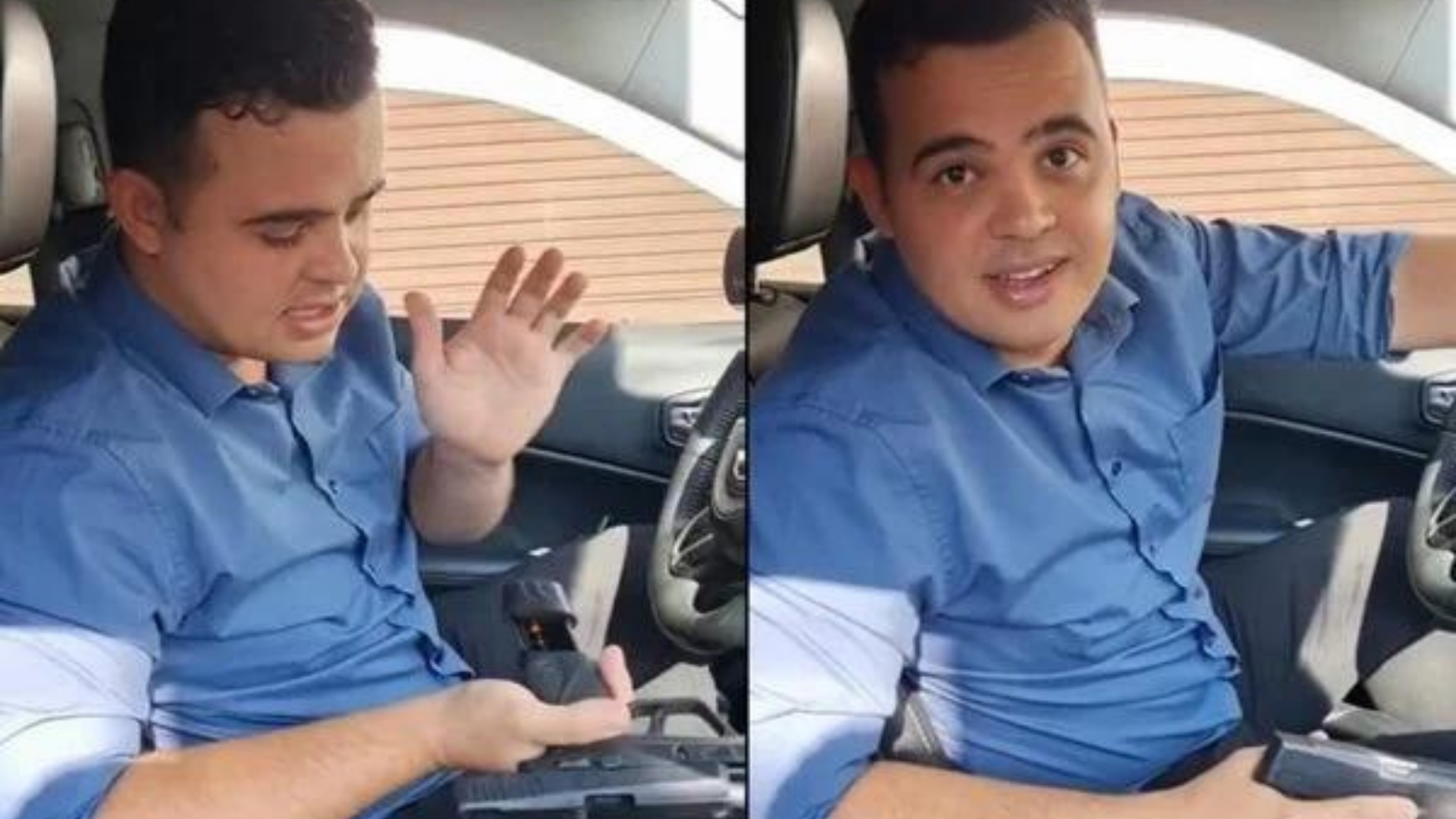 deputado bolsonarista ameaça lula com uma arma. ele usa camisa azul.