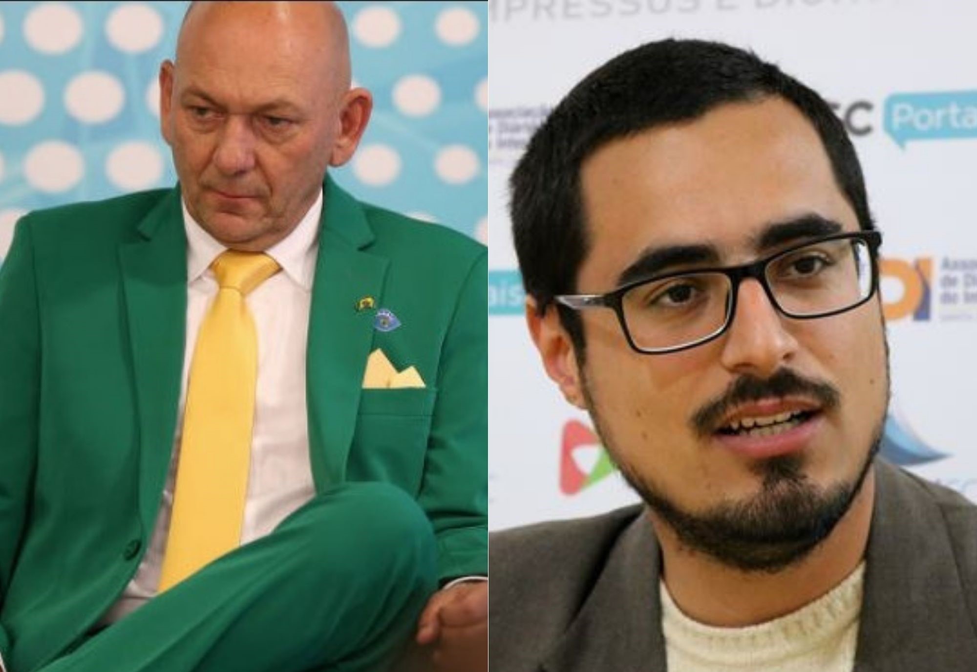 Montagem com Luciano Hang, vestido de periquito verde e amarelo, ao lado de Leonel Camasão.