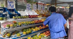 Imagem ilustrativa de uma feira. Uma pessoa aparece comprando frutas.