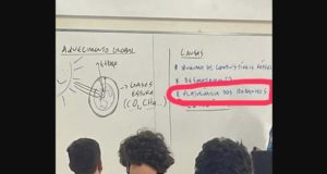 Foto da lousa durante uma aula. Nela, o professor escreveu algumas causas para o aquecimento global, como desmatamento e flatulência dos rebanhos.