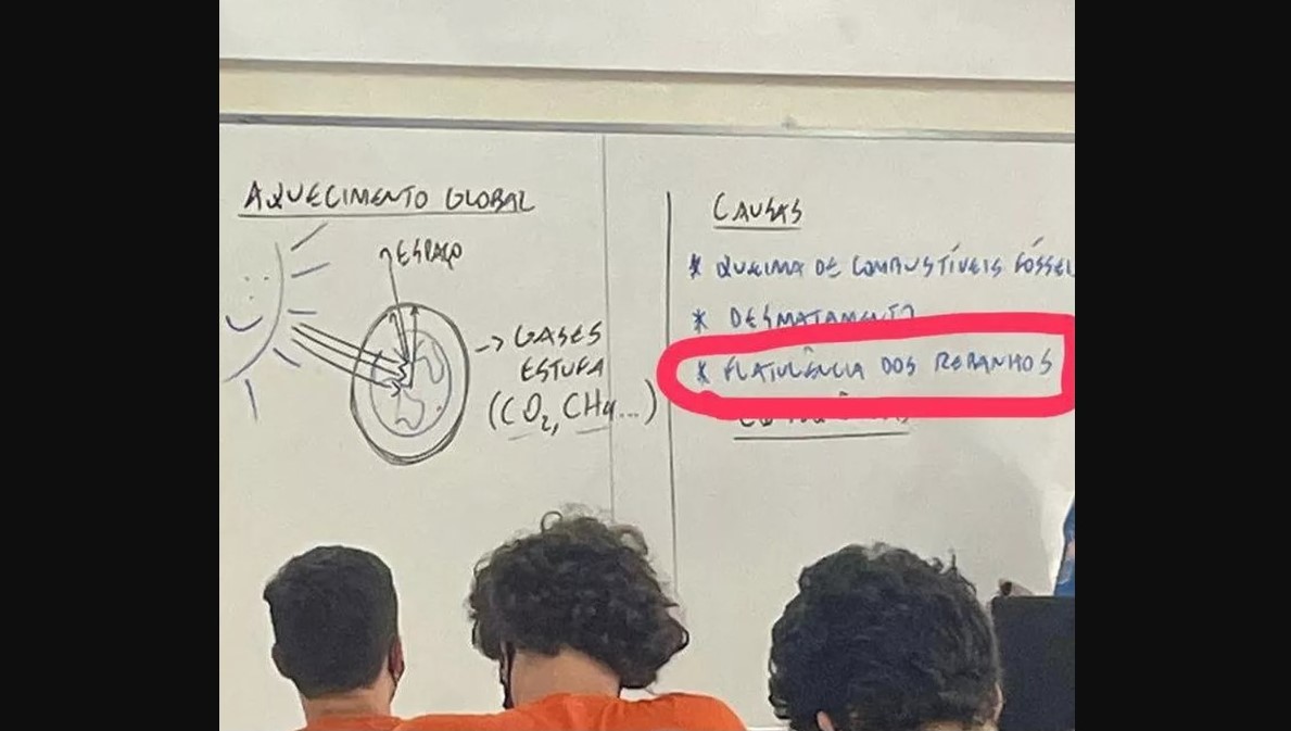 Foto da lousa durante uma aula. Nela, o professor escreveu algumas causas para o aquecimento global, como desmatamento e flatulência dos rebanhos.