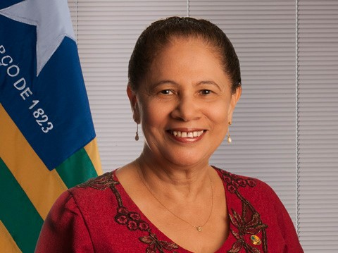 Foto oficial de Regina Sousa como Senadora, com a bandeira do Piauí atrás.