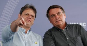 Tarcísio Freitas ao lado de Jair Bolsonaro. Tarcísio aponta para algum lugar e Bolsonaro se inclina para ver.