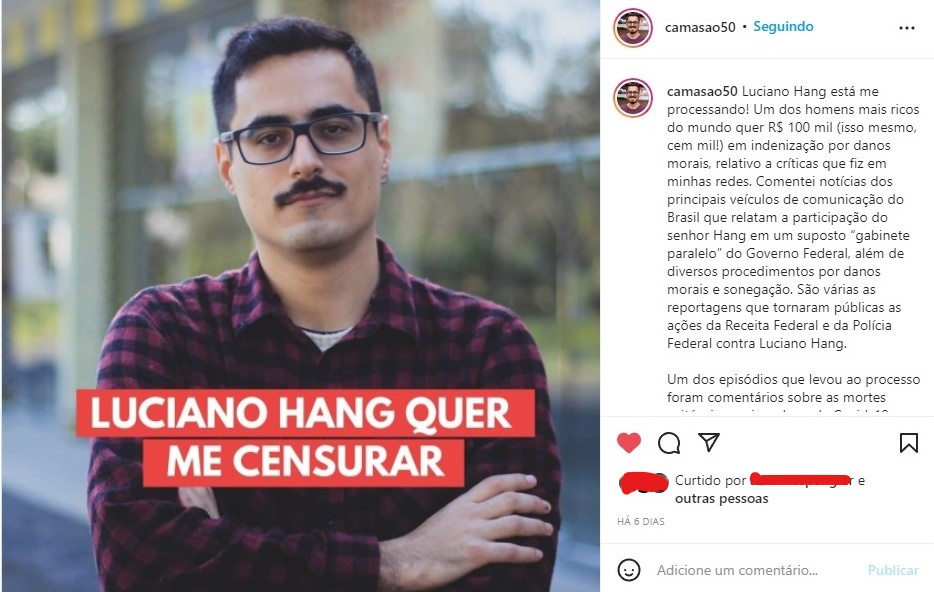 Publicação de Leonel Camasão no Instagram, repercutindo o processo que está sofrendo. "Luciano Hang quer me censurar", diz na imagem. Ao fundo, há uma foto de Camasão.