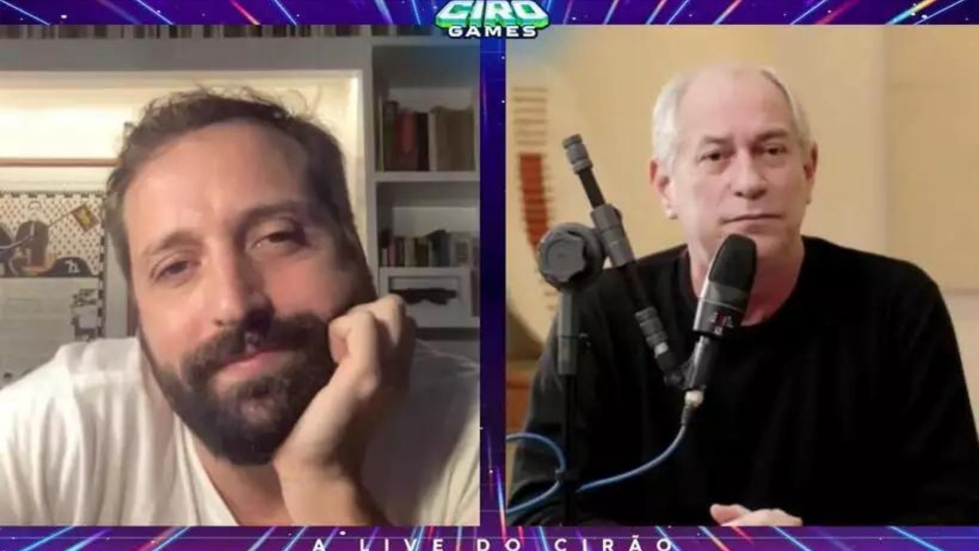 Print de tela em que mostra Gregório Duvivier, à esquerda, e Ciro Gomes, à direita, debatendo juntos.